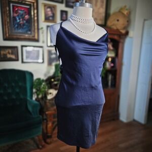 ED Midnight Navy Satin Cowl Neck Mini Dress Open Spaghetti Strap Back Party Chic